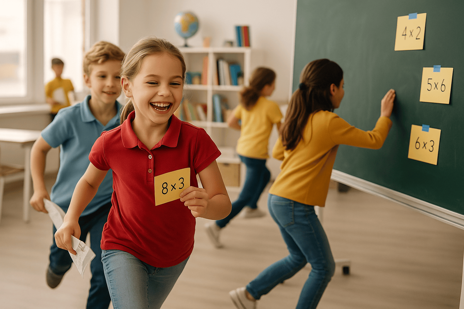 Bambini della scuola primaria svolgono una caccia al tesoro matematica in aula, correndo con cartoncini delle tabelline.