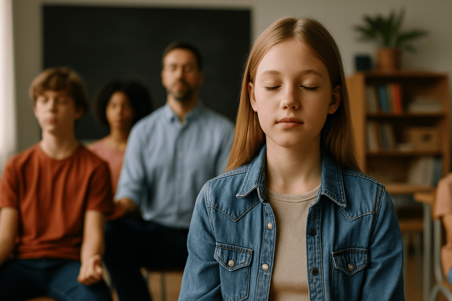 Un gruppo di studenti in aula durante una pratica di mindfulness guidata, seduti con attenzione