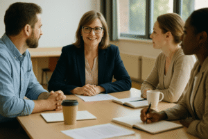Dirigente scolastica discute con insegnanti e collaboratori in un ambiente scolastico luminoso e accogliente.
