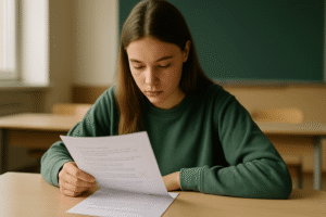 Studentessa adolescente osserva con attenzione un foglio con errori segnati in rosso, in un’aula luminosa e ordinata.