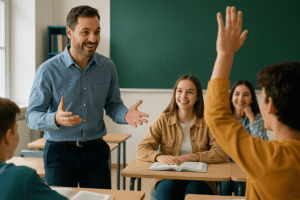 Insegnante interagisce con studenti attenti durante una lezione in aula luminosa.