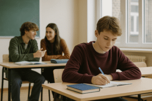 In una classe, due studenti parlano tra loro mentre un compagno davanti è solo e concentrato. L’immagine rappresenta il tema del rispetto e della consapevolezza nelle relazioni tra studenti.