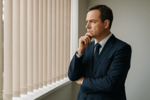 Dirigente scolastico seduto in ufficio, riflette in silenzio durante una mattina di lavoro, con luce naturale che entra dalla finestra.