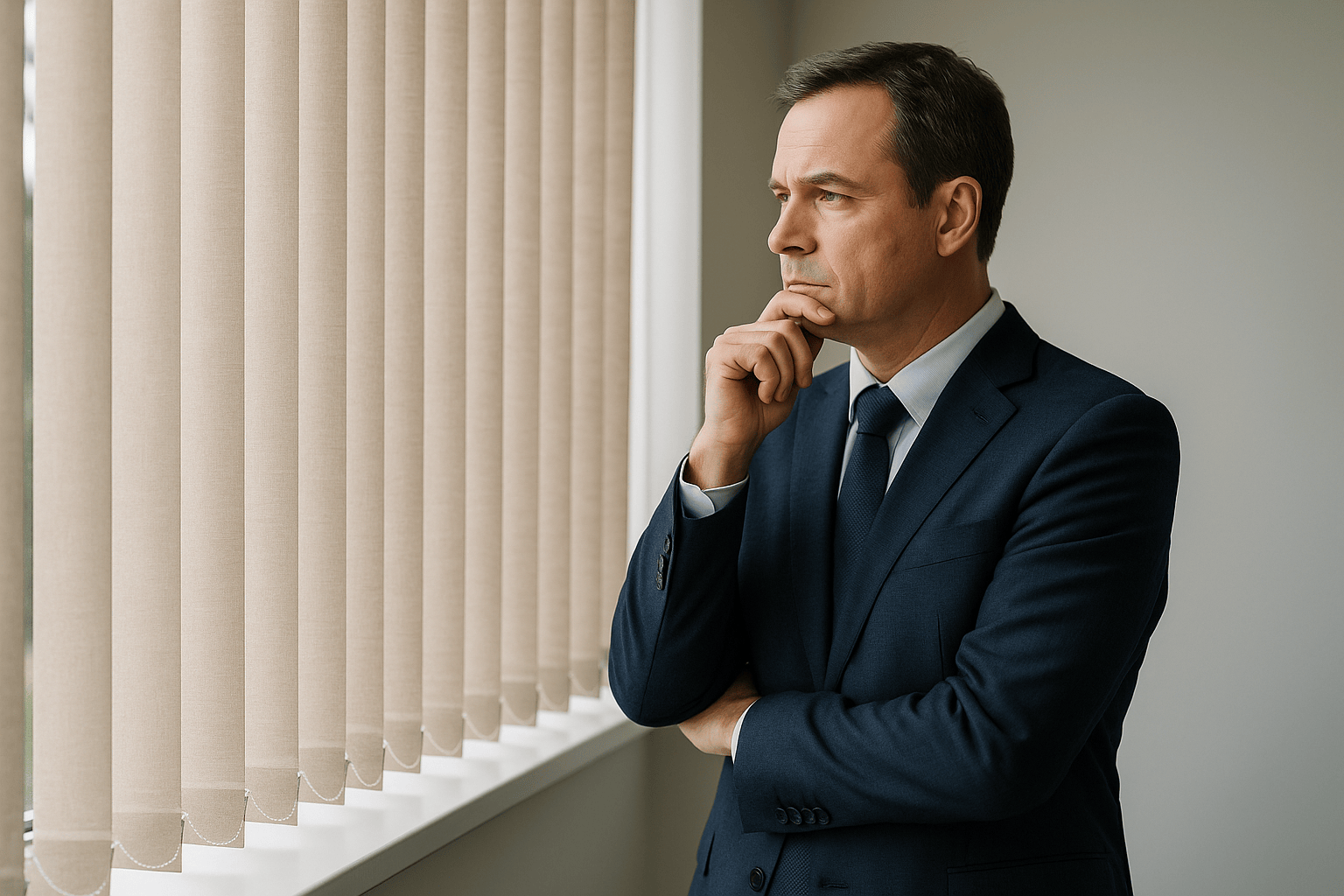 Dirigente scolastico seduto in ufficio, riflette in silenzio durante una mattina di lavoro, con luce naturale che entra dalla finestra.