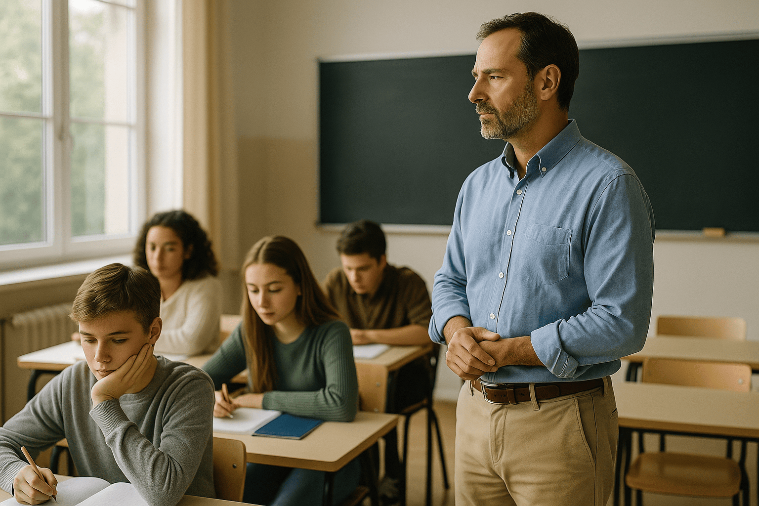 Aula scolastica silenziosa con studenti concentrati e un’insegnante che osserva la classe con calma e attenzione.