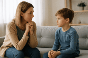 Genitore e figlio immaginari seduti in casa, parlano con calma in un ambiente luminoso e sereno.