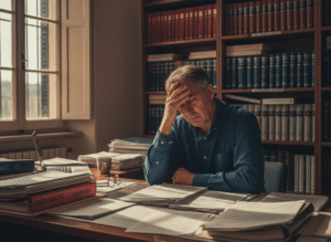 Dirigente scolastico preoccupato alla scrivania mentre gestisce conflitto tra docenti e genitori